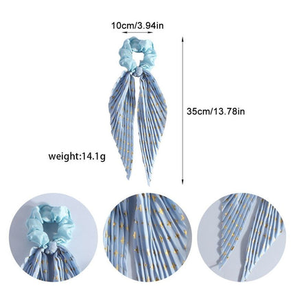 Printed Pleated Scarf Scrunchie, Elegant Long Ribbon Hair Tie for Women—Ponytail Hair Accessories (3-Pack)—Blue