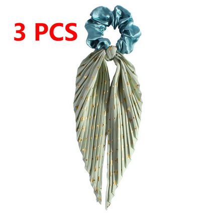 Printed Pleated Scarf Scrunchie, Elegant Long Ribbon Hair Tie for Women—Ponytail Hair Accessories (3-Pack)—Green