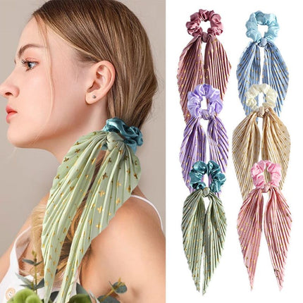 Printed Pleated Scarf Scrunchie, Elegant Long Ribbon Hair Tie for Women—Ponytail Hair Accessories (3-Pack)—Purple