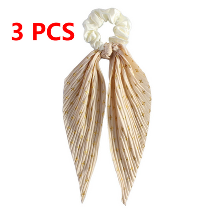 Printed Pleated Scarf Scrunchie, Elegant Long Ribbon Hair Tie for Women—Ponytail Hair Accessories (3-Pack)—Yellow