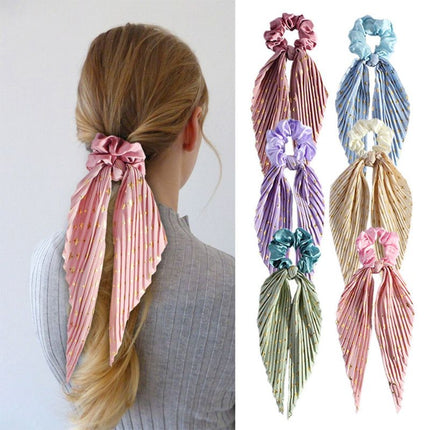 Printed Pleated Scarf Scrunchie, Elegant Long Ribbon Hair Tie for Women—Ponytail Hair Accessories (3-Pack)—Yellow