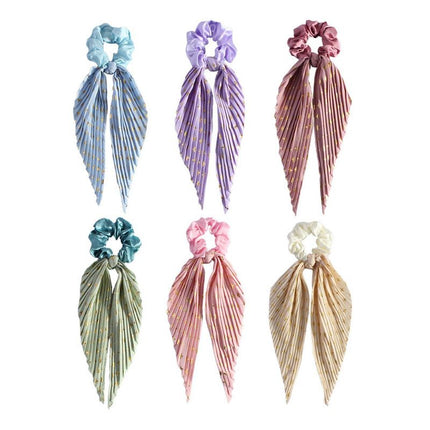 Printed Pleated Scarf Scrunchie, Elegant Long Ribbon Hair Tie for Women—Ponytail Hair Accessories (3-Pack)—Yellow