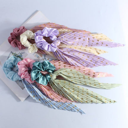 Printed Pleated Scarf Scrunchie, Elegant Long Ribbon Hair Tie for Women—Ponytail Hair Accessories (3-Pack)—Yellow