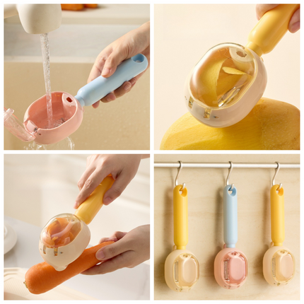 Storage-Type Vegetable Peeler, One-Button Pop-Up to Prevent Peel Splashing, Stainless Steel Fruit Peeling Tool—Pink