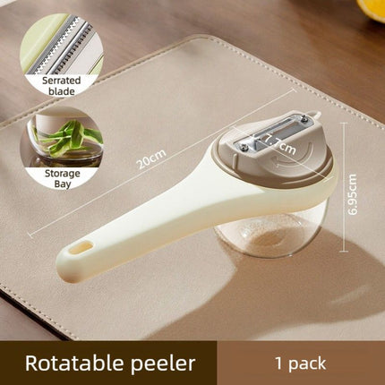 Rotatable Vegetable Peeler with Peel Storage Container, Anti-Splash Stainless Steel Peeling Tool—Beige