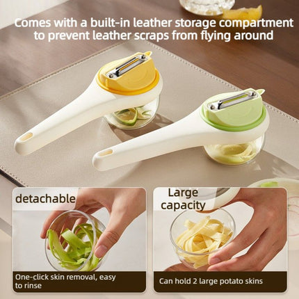Rotatable Vegetable Peeler with Peel Storage Container, Anti-Splash Stainless Steel Peeling Tool—Beige