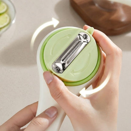 Rotatable Vegetable Peeler with Peel Storage Container, Anti-Splash Stainless Steel Peeling Tool—Beige