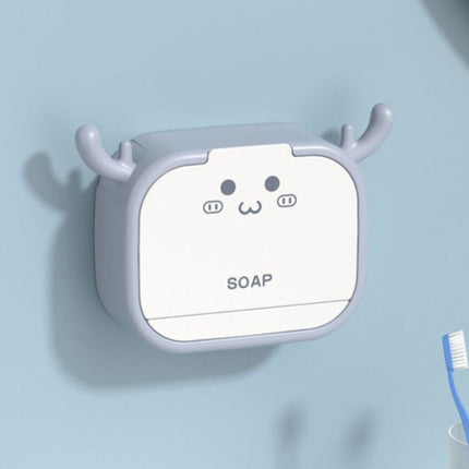 Cute Antler Soap Dish, No-Drill Wall-Mounted Soap Holder with Lid, Drainage Design, Single Compartment - Gray Amazing Shopping