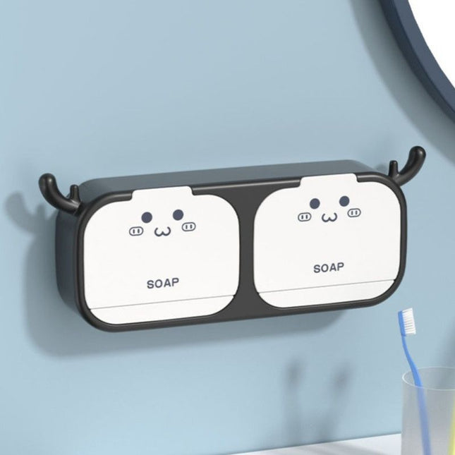 Cute Antler Soap Dish, No-Drill Wall-Mounted Soap Holder with Lid, Drainage Design, Double Compartment - Black Amazing Shopping
