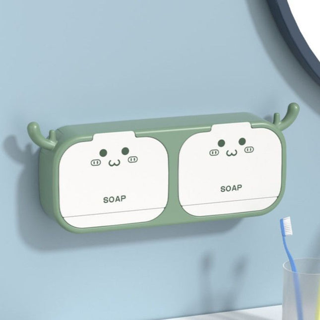 Cute Antler Soap Dish, No-Drill Wall-Mounted Soap Holder with Lid, Drainage Design, Double Compartment - Green Amazing Shopping
