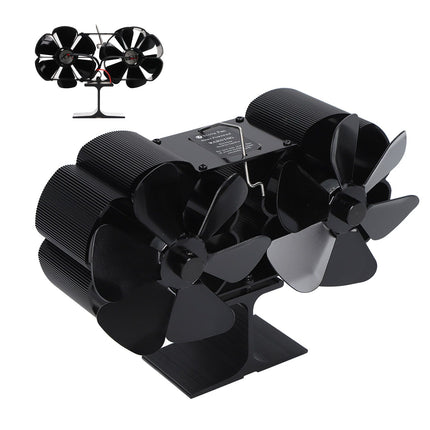 6 Blades Heat Powered Stove Fan Dual Head Fireplace Fan Home Non Electric Fan Black