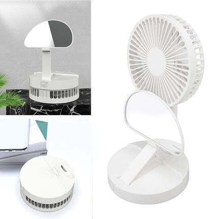 USB Desktop Fan Foldable Rechargeable Battery Makeup Mirror Function Bottom Silicone 3 Speeds White Mini Fan
