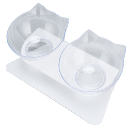 15° Inclined Cat Double Bowl Neck Guard Pet Feeding Bowl for Home Pet Shop Living Room(White Base Transparent Bowl )