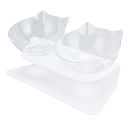 15° Inclined Cat Double Bowl Neck Guard Pet Feeding Bowl for Home Pet Shop Living Room(White Base Transparent Bowl )
