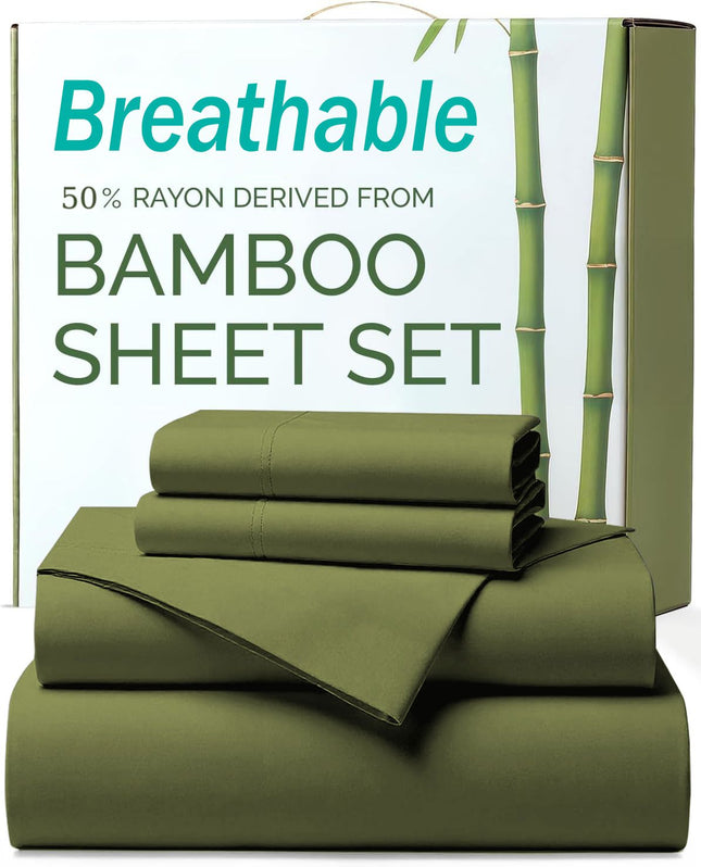 4 Piece Ultra Soft Bamboo Breathable Sheet Set -Hotel 2000TC Breathable Bed Sheets Set with 37 Centimetre Deep Pocket-Breathable Sheets for Hot Sleepers(Olive green,Double)