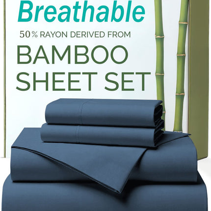 4 Piece Ultra Soft Bamboo Breathable Sheet Set -Hotel 2000TC Breathable Bed Sheets Set with 37 Centimetre Deep Pocket-Breathable Sheets for Hot Sleepers(Navy,King)