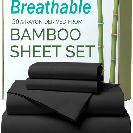 4 Piece Ultra Soft Bamboo Breathable Sheet Set -Hotel 2000TC Breathable Bed Sheets Set with 37 Centimetre Deep Pocket-Breathable Sheets for Hot Sleepers(Black,Queen)