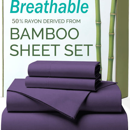 4 Piece Ultra Soft Bamboo Breathable Sheet Set -Hotel 2000TC Breathable Bed Sheets Set with 37 Centimetre Deep Pocket-Breathable Sheets for Hot Sleepers(Purple,Queen)