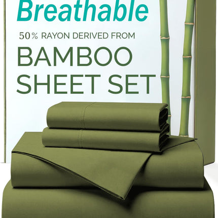 3 Piece Ultra Soft Bamboo Breathable Sheet Set -Hotel 2000TC Breathable Bed Sheets Set with 37 Centimetre Deep Pocket-Breathable Sheets for Hot Sleepers(Olive green,Single)