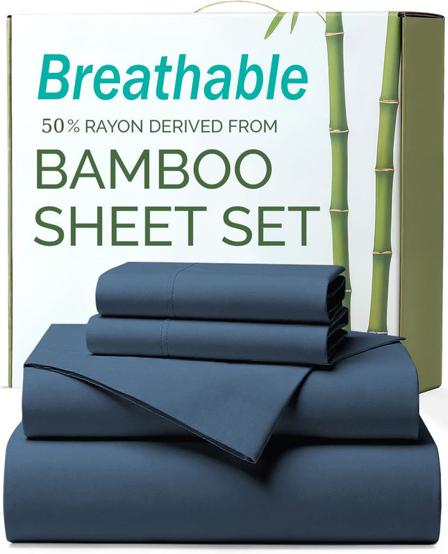 4 Piece Ultra Soft Bamboo Breathable Sheet Set -Hotel 2000TC Breathable Bed Sheets Set with 40 Centimetre Deep Pocket-Breathable Sheets for Hot Sleepers(Navy,Super King)