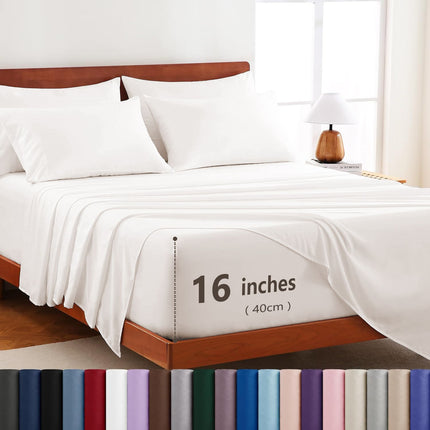 Hotel Soft Bed Sheet Set- Bedding Sheets & Pillowcases -Breathable Bedding - Wrinkle, Fade, Stain Resistant-Deep Pocket Flat Fitted Bed Sheet Set(White,Double)
