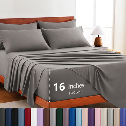 Hotel Soft Bed Sheet Set- Bedding Sheets & Pillowcases -Breathable Bedding - Wrinkle, Fade, Stain Resistant-Deep Pocket Flat Fitted Bed Sheet Set(Grey,King)