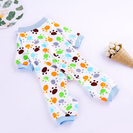 Haji Cotton Pet Four Legged Clothes Dog paw pajamas S Size: S; Neck (cm): 24-28; Bust (cm): 32-38; Back length (cm): 22-25; Recommended pet weight (kg): 2.5 - 4.5