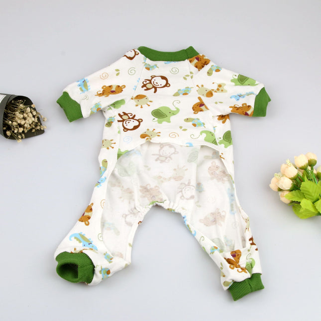 Haji Cotton Pet Four Legged Clothes Green Monkey pajamas XS Size: XS; Neck (cm): 20-24; Bust (cm): 28-32; Back length (cm): 18-20; Recommended pet weight (kg): 1.5 - 2.5
