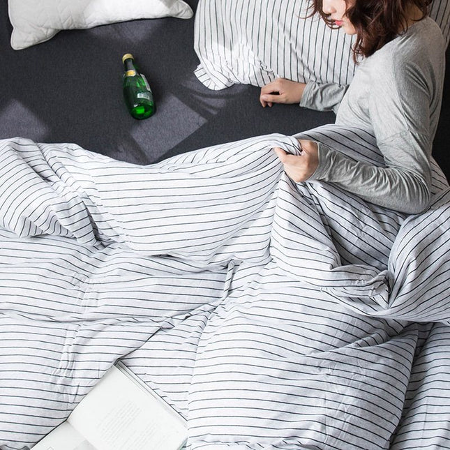 SHANGPIN Cotton Bedding Set Stripe 60 Thread Count 1.2m bed hat [quilt cover 150*200/bed hat 120*200] three-piece set