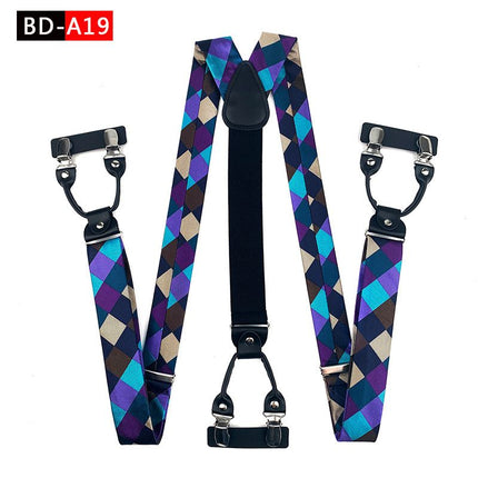 Qimulan Men's Y-Style 6 Clip Adjustable Polyester... BD-A19 Size: one size(adjustable); Product type: suspenders; Size reference: width: 2.5cm - 3.5cm; length: 90cm - 120cm (stretchable)