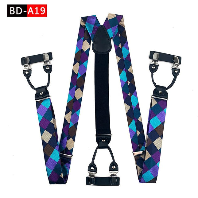 Qimulan Men's Y-Style 6 Clip Adjustable Polyester... BD-A19 Size: one size(adjustable); Product type: suspenders; Size reference: width: 2.5cm - 3.5cm; length: 90cm - 120cm (stretchable)