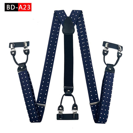 Qimulan Men's Y-Style 6 Clip Adjustable Polyester... BD-A23 Size: one size(adjustable); Product type: suspenders; Size reference: width: 2.5cm - 3.5cm; length: 90cm - 120cm (stretchable)