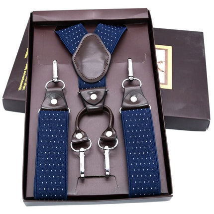 VSKATIE Suspenders 4 Clips Polyester Adjustable Blue + white dot MBD8501LB +120cm Size: one size(adjustable); Product type: suspenders; Size reference: width: 2.5cm - 3.5cm; length: 90cm - 120cm (stretchable)