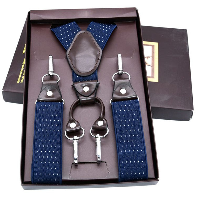 VSKATIE Suspenders 4 Clips Polyester Adjustable Blue + white dot MBD8501LB +120cm Size: one size(adjustable); Product type: suspenders; Size reference: width: 2.5cm - 3.5cm; length: 90cm - 120cm (stretchable)