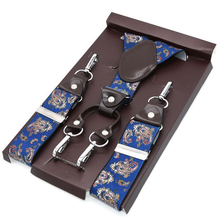 VSKATIE Suspenders 4 Clips Polyester Adjustable Blue + white dot MBD8501LB +120cm Size: one size(adjustable); Product type: suspenders; Size reference: width: 2.5cm - 3.5cm; length: 90cm - 120cm (stretchable)