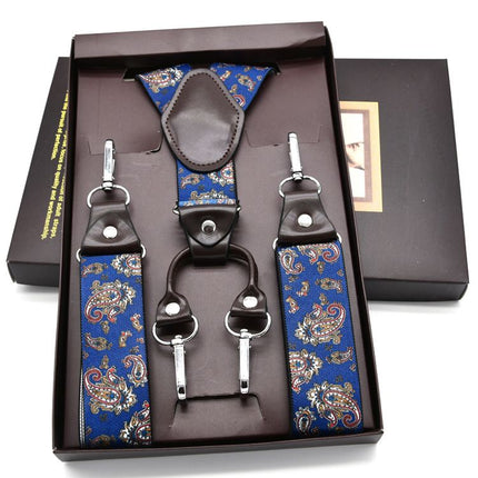 VSKATIE Suspenders 4 Clips Polyester Adjustable Blue Cashew Flower mbd8501lμg +120cm Size: one size(adjustable); Product type: suspenders; Size reference: width: 2.5cm - 3.5cm; length: 90cm - 120cm (stretchable)