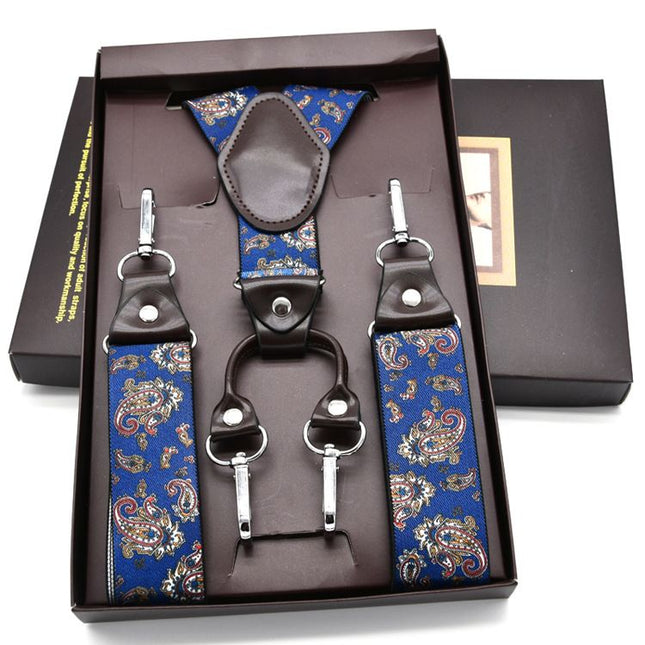 VSKATIE Suspenders 4 Clips Polyester Adjustable Blue Cashew Flower mbd8501lμg +120cm Size: one size(adjustable); Product type: suspenders; Size reference: width: 2.5cm - 3.5cm; length: 90cm - 120cm (stretchable)