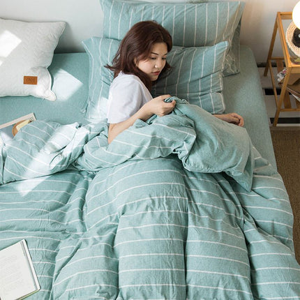 SHANGPIN Cotton Bedding Set Stripe 60 Thread Count 1.2m bed hat [quilt cover 150*200/bed hat 120*200] three-piece set