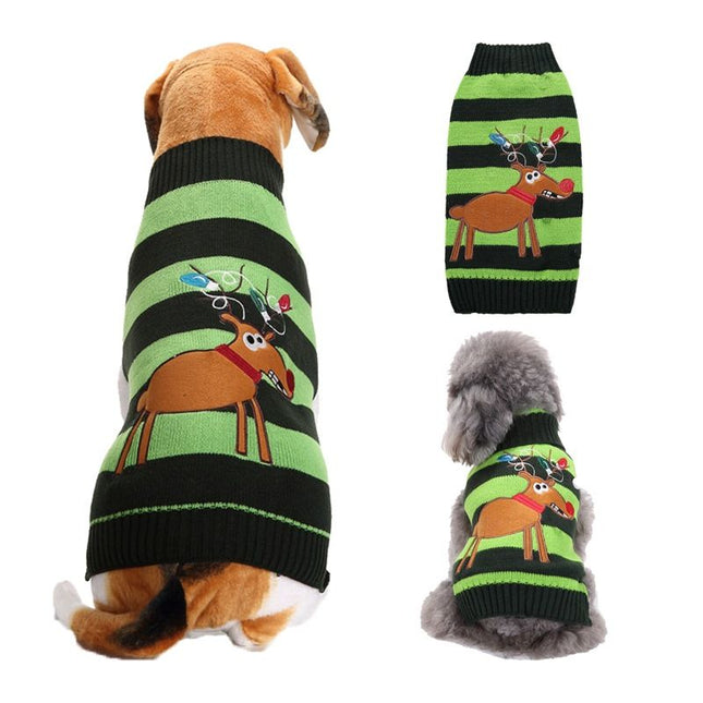 Dog Sweater Acrylic Knit Christmas Green Black Strip Christmas Fawn XXS