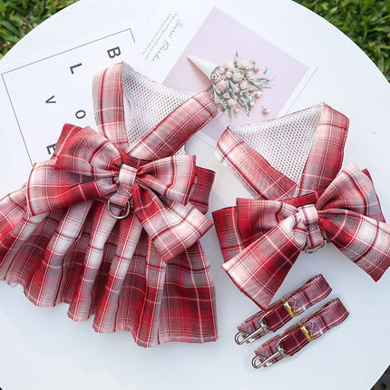 Plaid Pet Dog Cat Vest Harness with Skirt 273 Vest Traction Wine Red M (recommended 2.50 kg-4.00 kg pets)