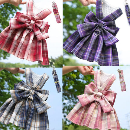 Plaid Pet Dog Cat Vest Harness with Skirt 273 vest traction navy blue S (recommended 1.50 kg-2.50 kg pets)