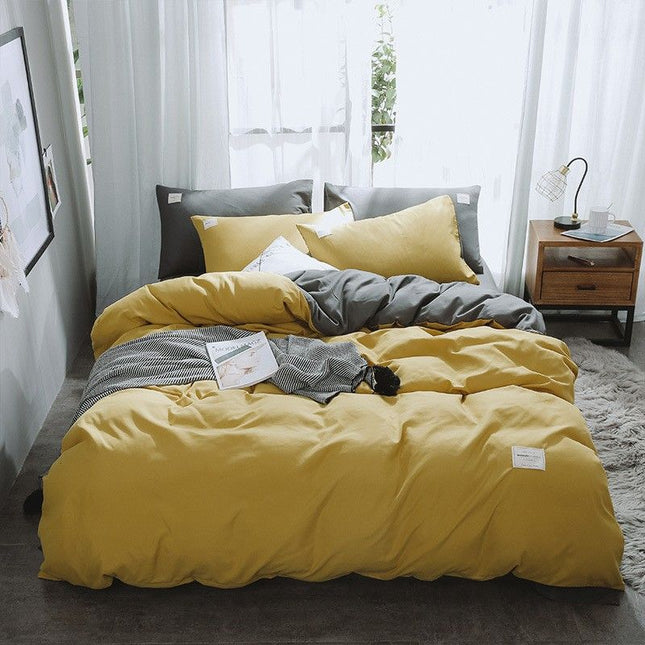 Qianjin Cotton Solid Color 4 Piece Bedding Set Turmeric + Ash 1.5 m bed [bed sheet set] quilt cover 150*200cm bed sheet 180*230cm pillowcase 48*74*2