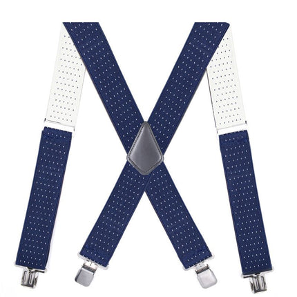 Jill Cool 5cm Men Elastic Polyester Suspenders 4 Clips 5.0 Four Clips-Navy Blue Dot Size: one size(adjustable); Product type: suspenders; Size reference: width: 2.5cm - 3.5cm; length: 90cm - 120cm (stretchable)