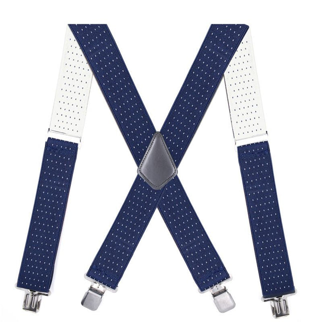 Jill Cool 5cm Men Elastic Polyester Suspenders 4 Clips 5.0 Four Clips-Navy Blue Dot Size: one size(adjustable); Product type: suspenders; Size reference: width: 2.5cm - 3.5cm; length: 90cm - 120cm (stretchable)
