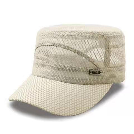 Men Mesh Flat Top Hat Sun Protection Outdoor Full net beige Adjustable