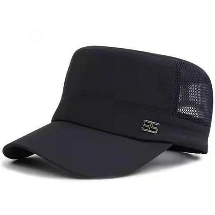 Men Mesh Flat Top Hat Sun Protection Outdoor half net navy blue Adjustable