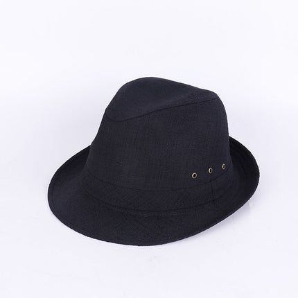 Men's Linen Top Hat Summer Dome Curled Brim Hong Kong and Macao hemp Black 60#