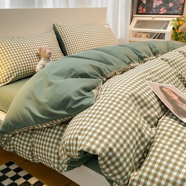 Qianjin Cotton Solid Color 4 Piece Bedding Set Grass green small grid 1.5 m bed [bed sheet set] quilt cover 150*200cm bed sheet 180*230cm pillowcase 48*74*2