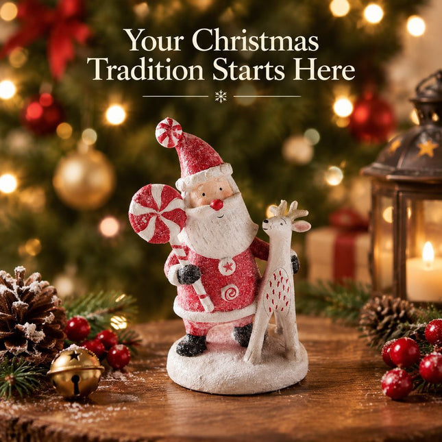 Handmade Resin Christmas Santa Claus Figurine with Reindeer, Festive Tabletop Decoration and Holiday Gift, Artistic Snow Base Ornament for Home Shelf Display (Santa with Candy Cane and Reindeer) Amazing Shopping