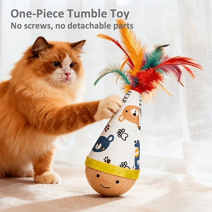 Interactive Wobble Cat Toy with Feathers and Wooden Base – Durable, Self-Righting Design for Endless Play, Exercise, and Entertainment for All Cat Breeds and Sizes (Feather, Red)